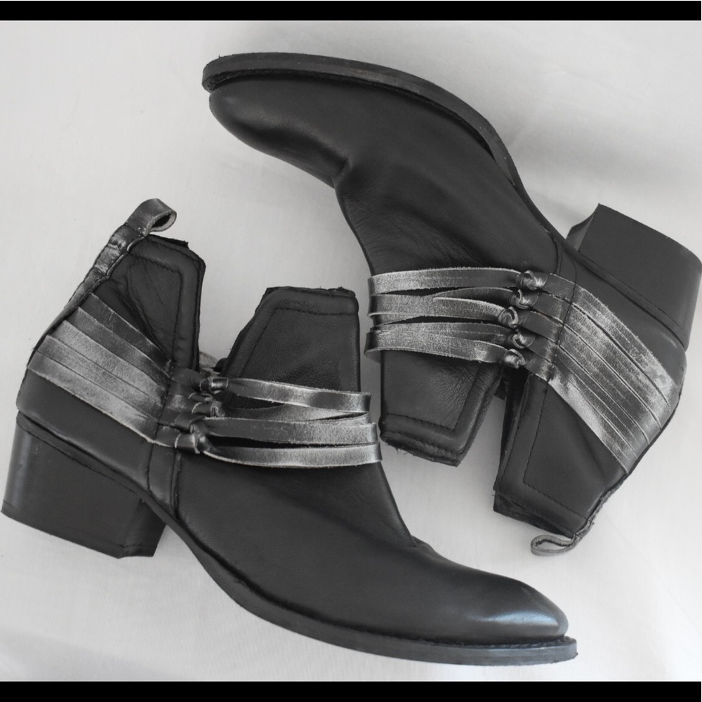 Black Leather Booties with Leather Knotted Fringe